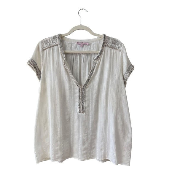 Calypso St. Barth Sequined Crochet Blouse Top Size Lg White Gray Boho Boxy Work - Picture 1 of 11